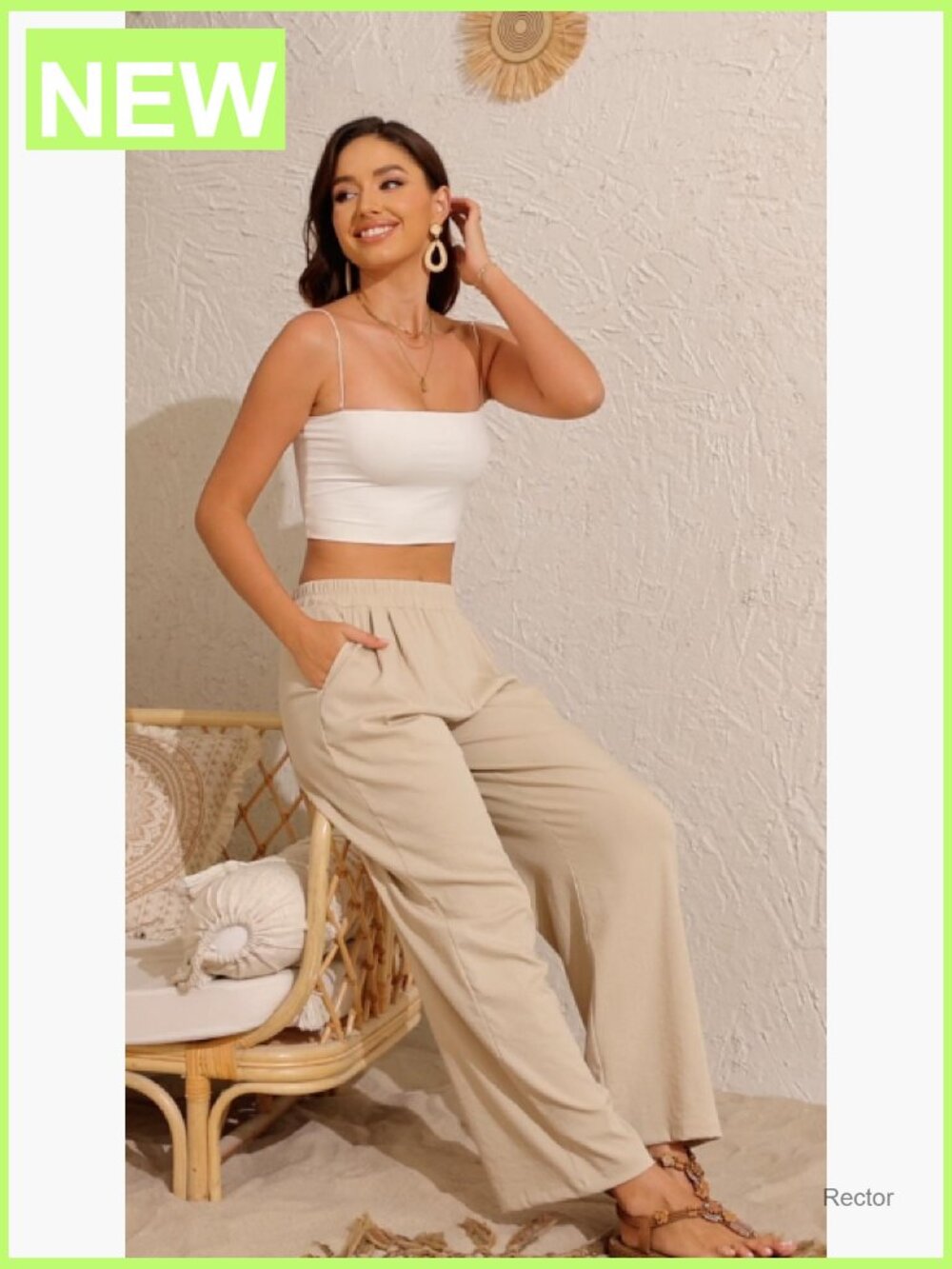 Linen Palazzo Pants Wide Leg Elastic Waist Flowy Trousers with Pockets for - Picture 7 of 7